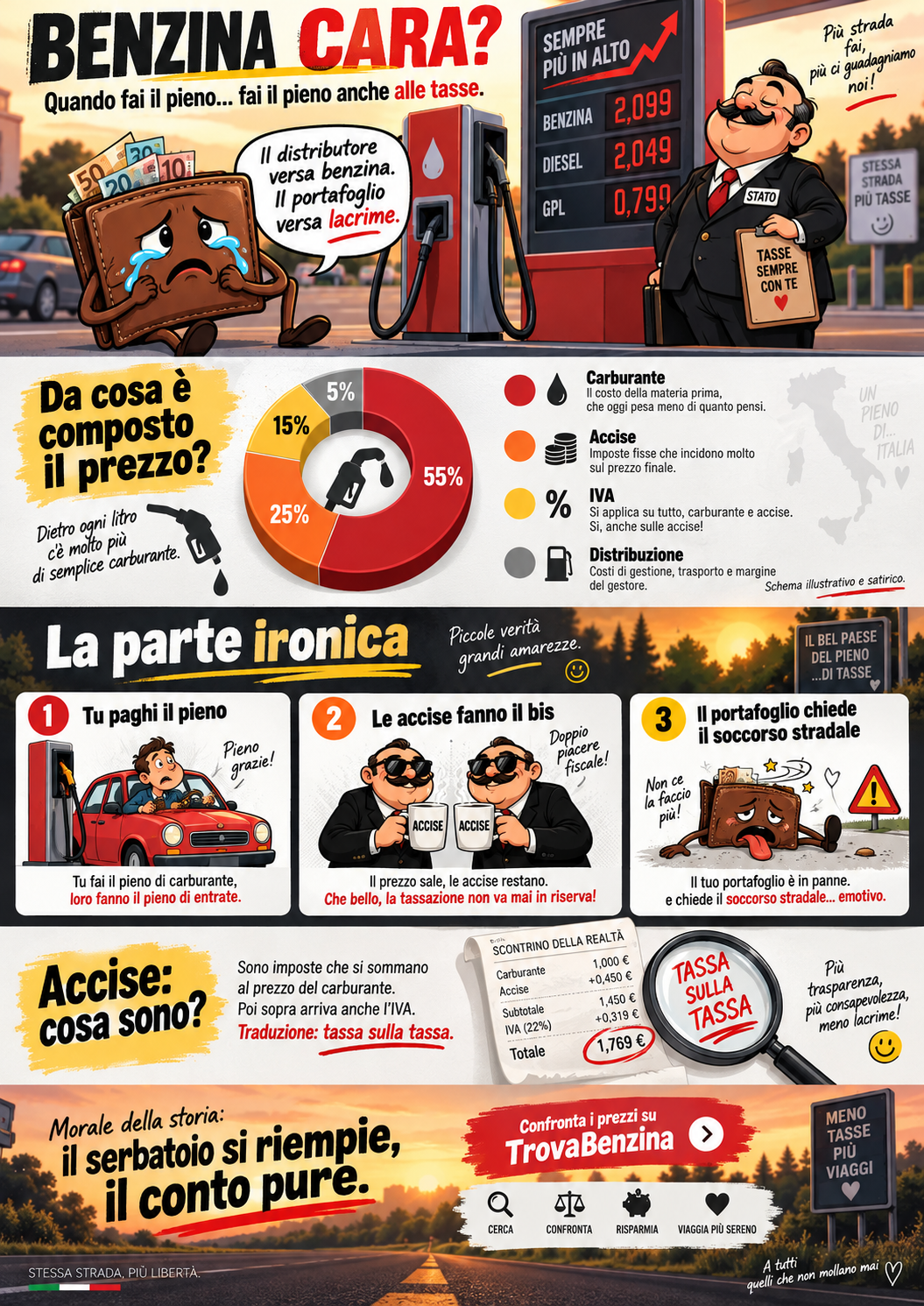 Infografica satirica sulla composizione del prezzo benzina e sulle accise